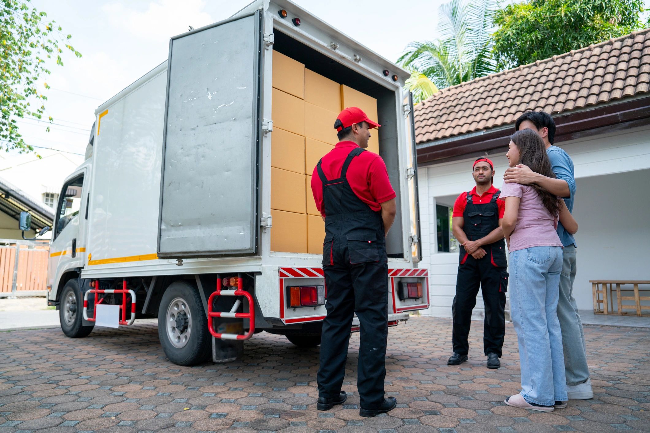 Moving crew opening a moving truck for customers
